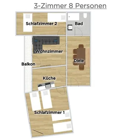公寓 3-zimmer 88 Qm Bis Zu 8 Personen